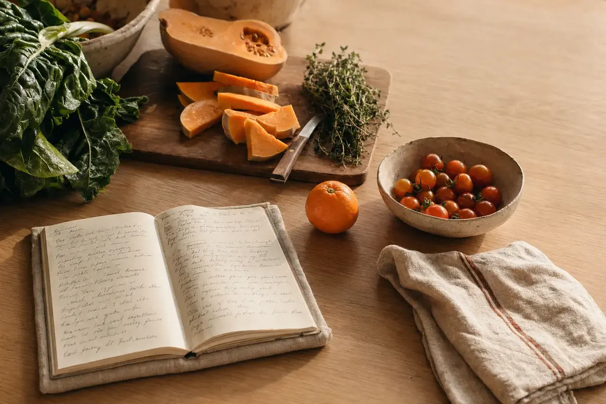 Plan de travail farmhouse en plein meal-prep, avec carnet de menus, légumes de saison et clémentine