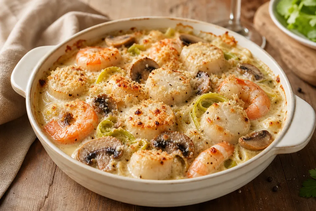 Gratin de Saint-Jacques et Crevettes